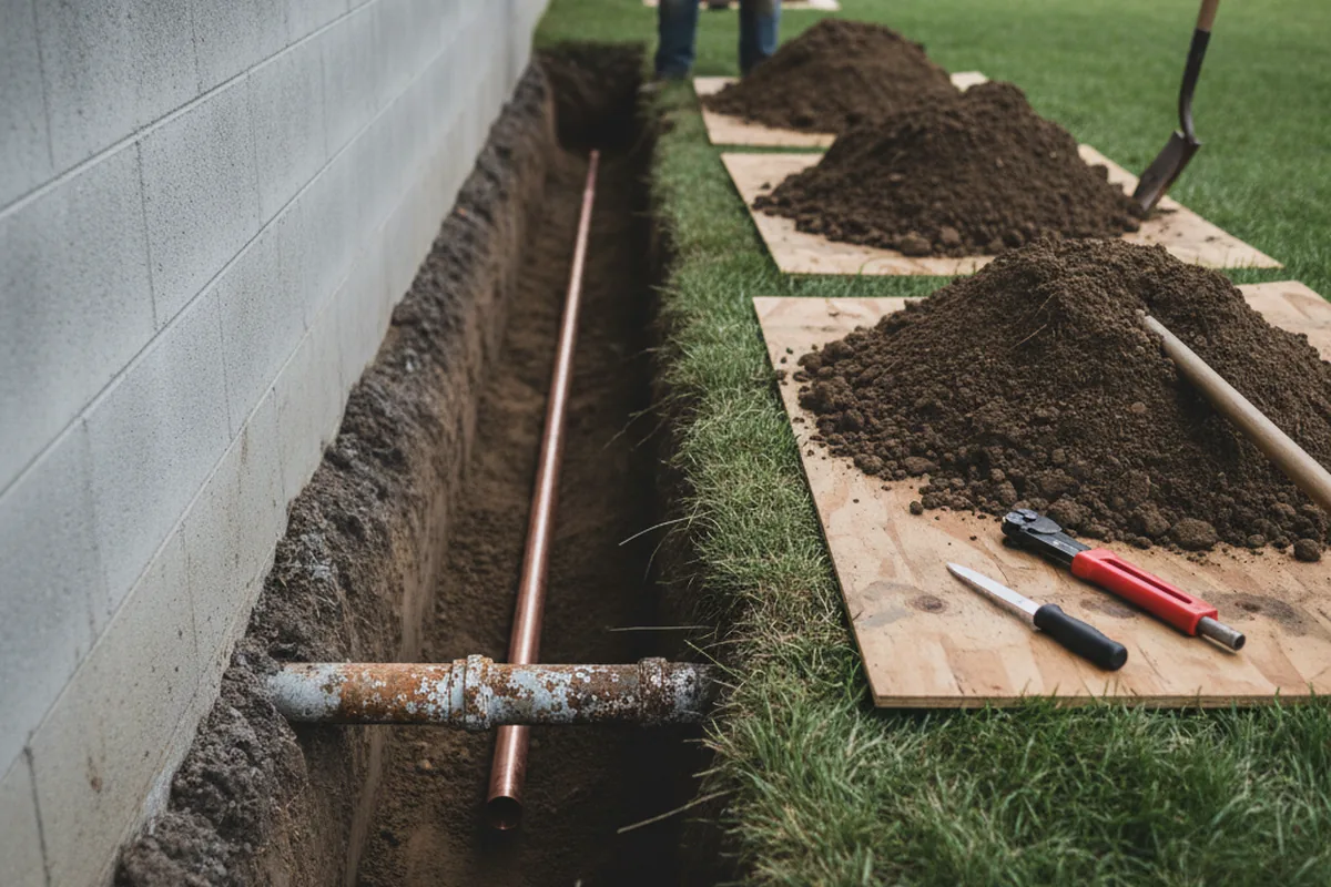 Excavated water line trench during Water Softener Installation in Winamac